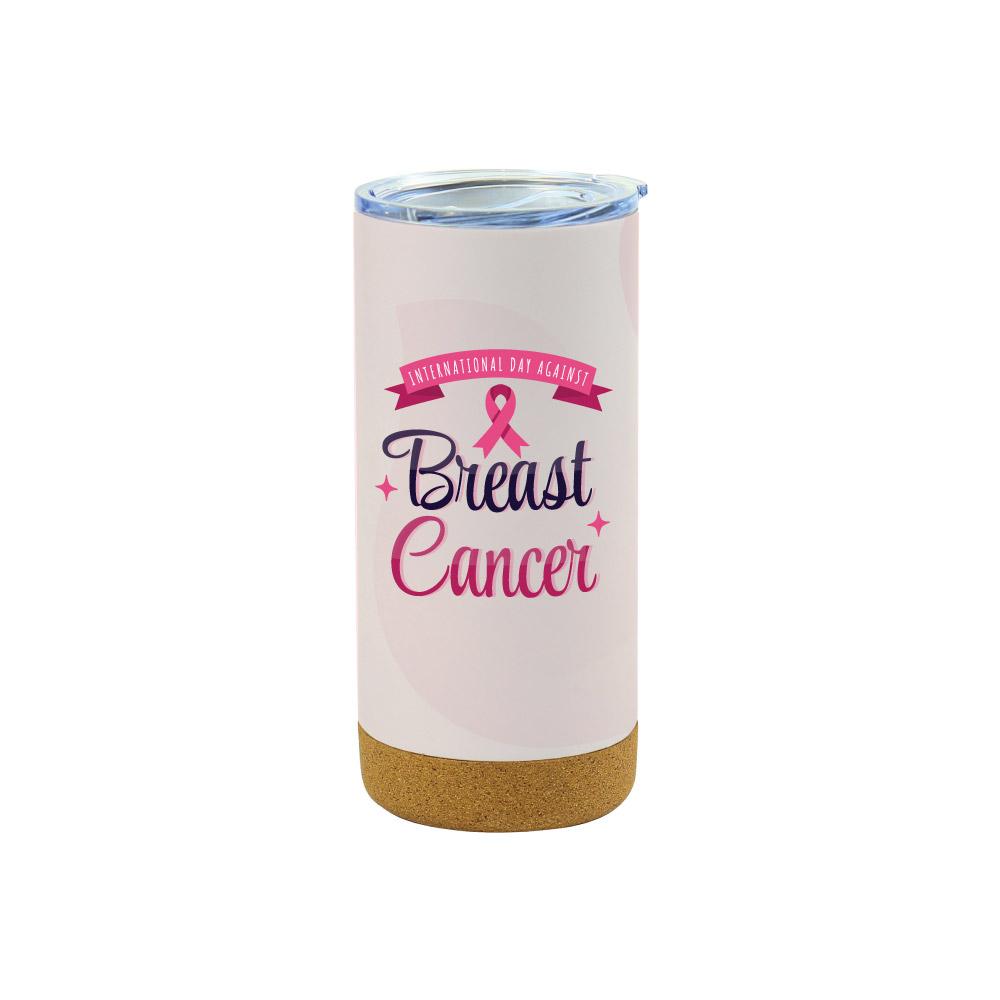 White Travel Mugs with Breast Cancer Awareness Logo